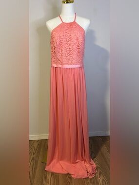 David's Bridal Coral Lace-Top Halter Maxi Dress